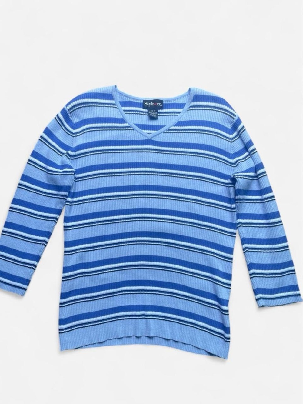 Style & Co. Blue Striped Fitted 3/4 Sleeve Y2k V-Neck Cotton Sweater Sz M